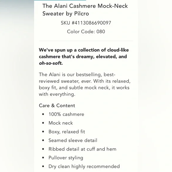 Pilcro Alani 100% Cashmere Mock-Neck Sweater Grey Medium - Picture 10 of 12